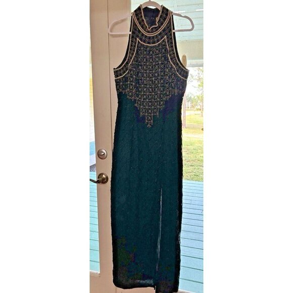 Papell Boutique Evening Gown Black & Silver Beaded Pearls 100% Silk Size 14